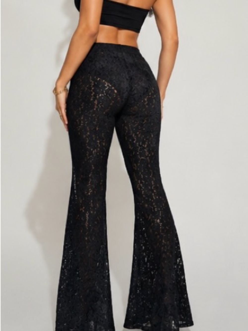 Boho Black‎ Crochet Lace Floral Flare Pants Festival Sheer Overlay